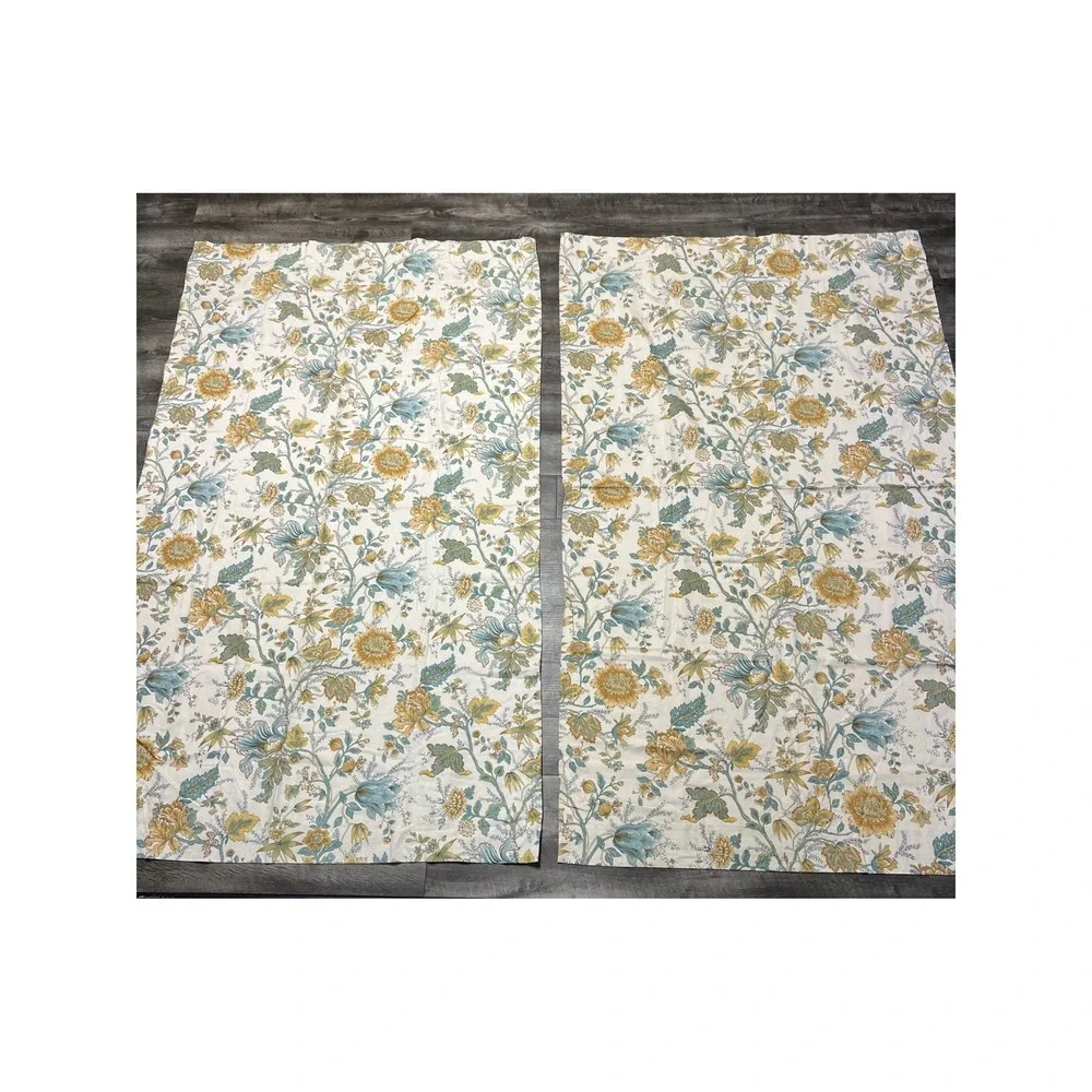 Pottery Barn Floral Linen Blend Lined Curtain Panels 50x84 Yellow Teal 2 Panels